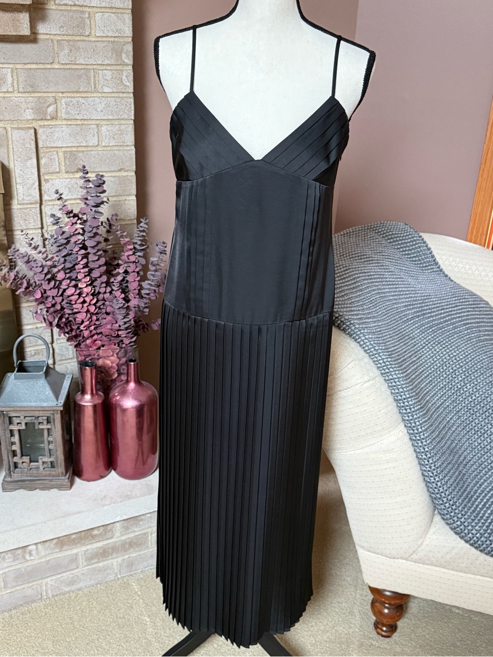 Rebecca Taylor Satin Pleated Slip Dress - Black